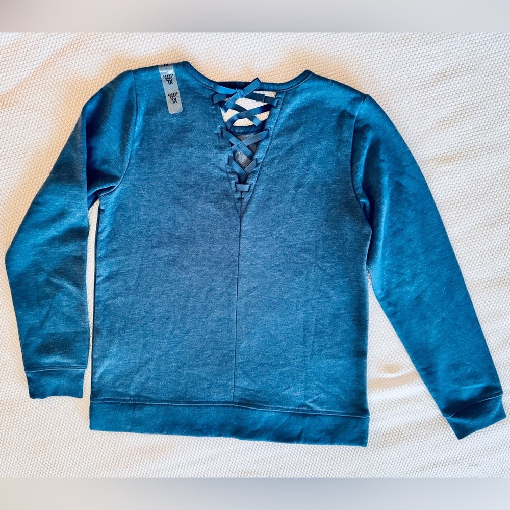 PLACE Girls Blue Sweatshirt w Velvet 'Smart Girls Rule' Graphic & Lace-Up Back - Picture 3 of 12